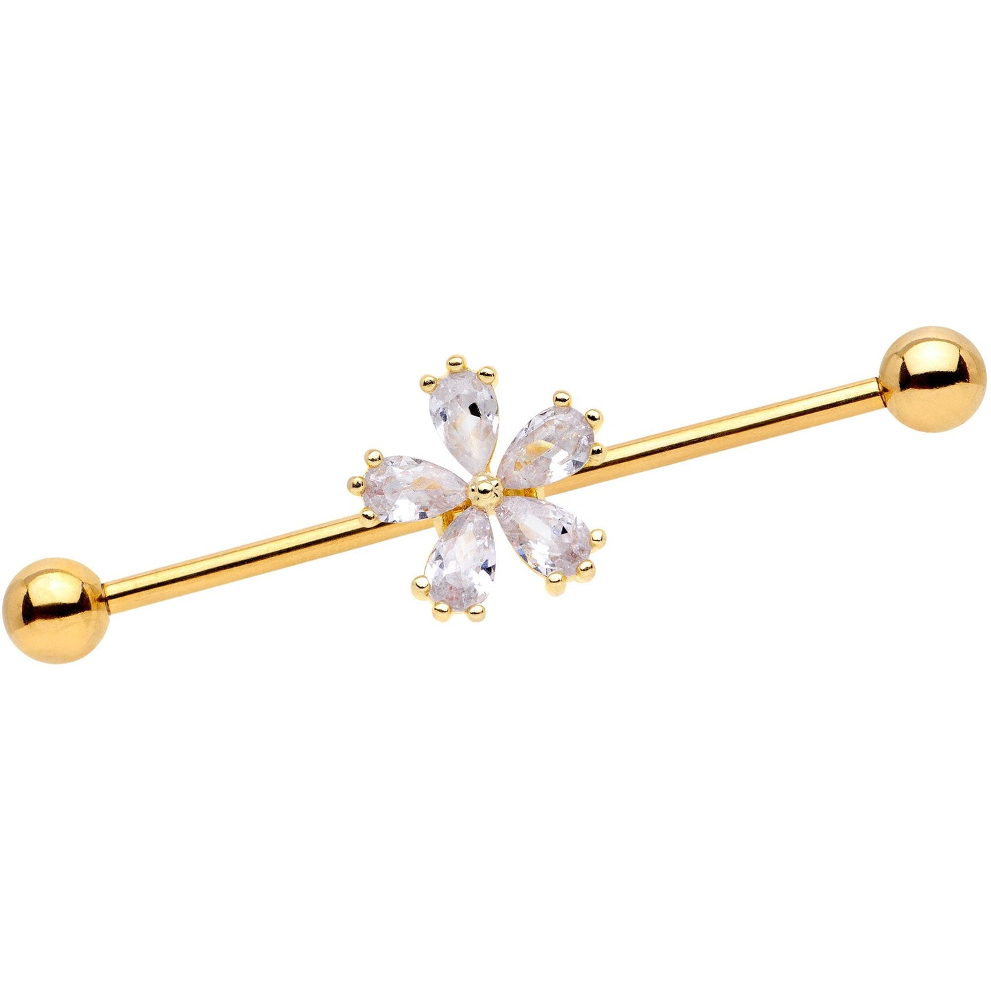 14 Gauge Clear CZ Gem Gold Tone Perfect Petals Flower Industrial Barbell 38mm