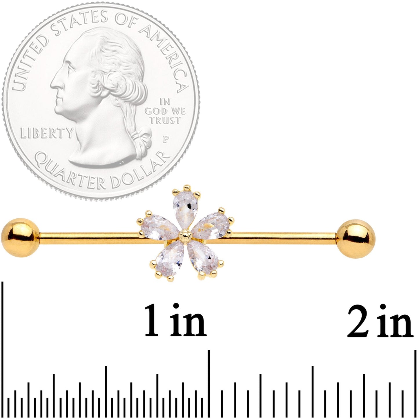 14 Gauge Clear CZ Gem Gold Tone Perfect Petals Flower Industrial Barbell 38mm