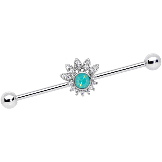 14 Gauge Clear CZ Gem Green Faux Opal Diadem Industrial Barbell 38mm