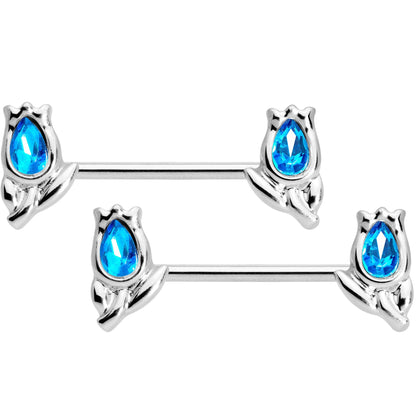 14 Gauge 7/16 1/2 Aqua Gem Flowers BCR Barbell Nipple Ring Set of 4