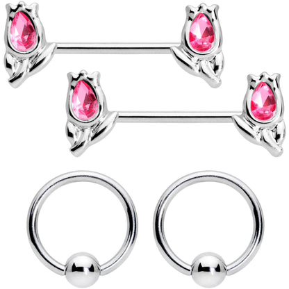 14 Gauge 7/16 1/2 Pink Gem Flowers BCR Barbell Nipple Ring Set of 4