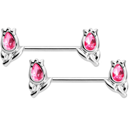 14 Gauge 7/16 1/2 Pink Gem Flowers BCR Barbell Nipple Ring Set of 4