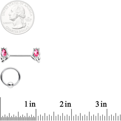 14 Gauge 7/16 1/2 Pink Gem Flowers BCR Barbell Nipple Ring Set of 4