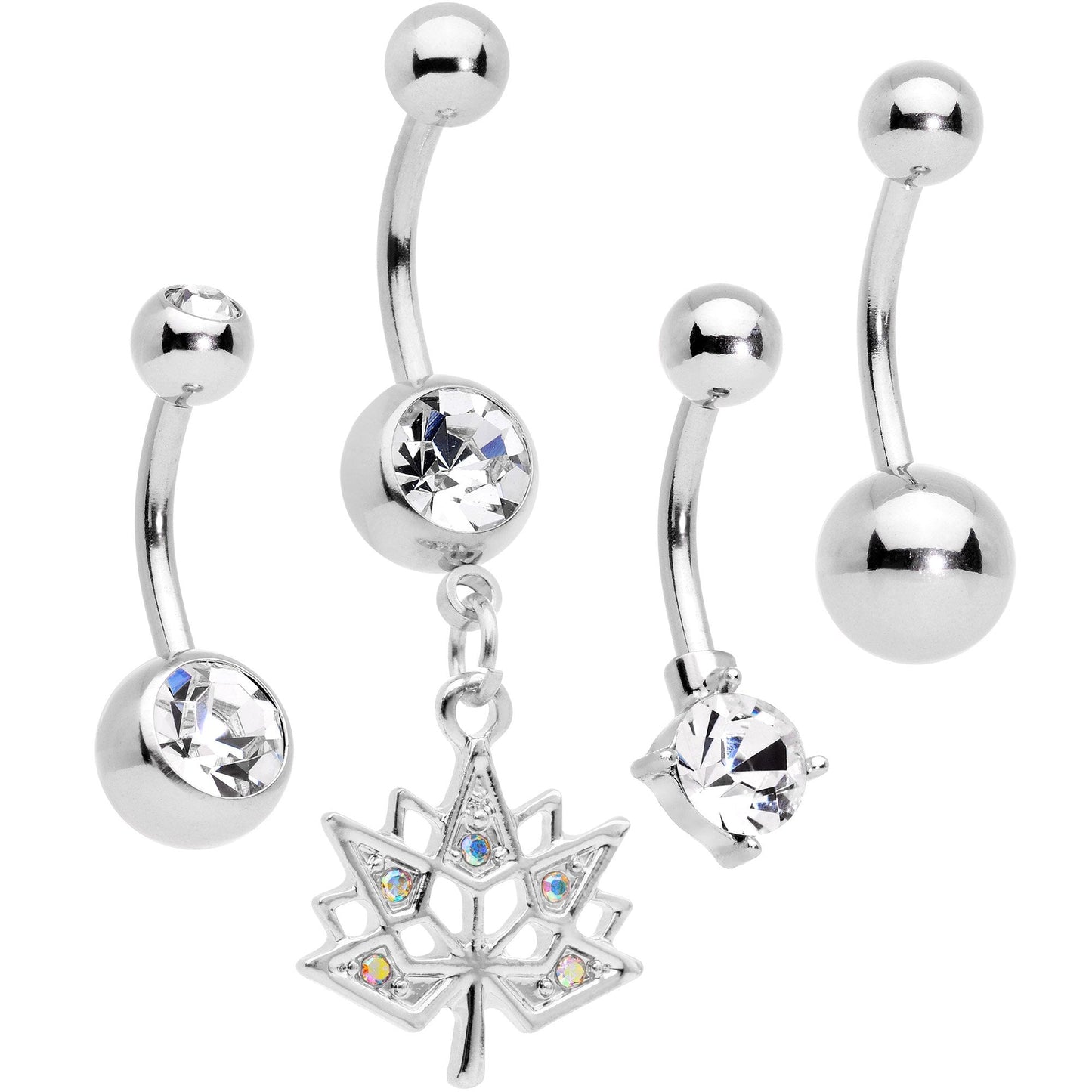 Clear Aurora Gem Maple Leaf Dangle Belly Ring Set of 4