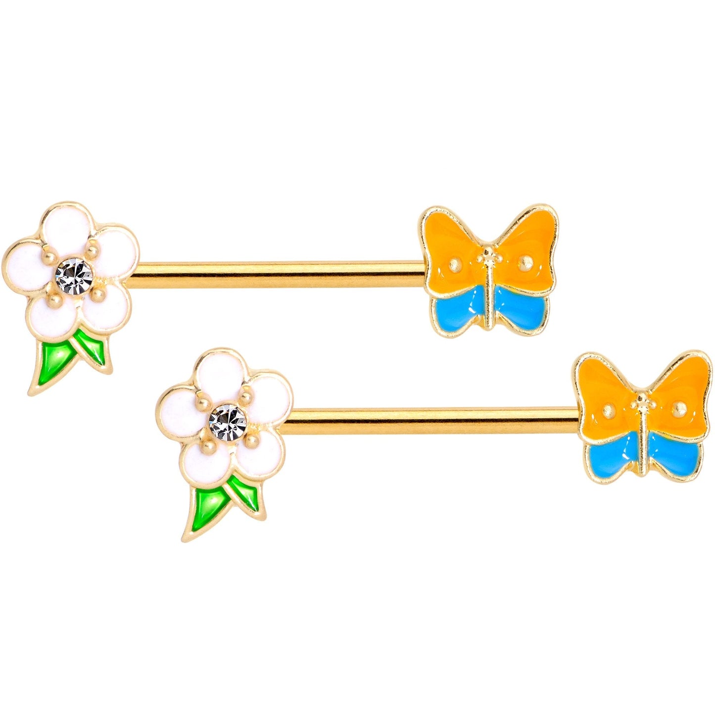 14 Gauge Gold Tone Spring Butterfly Flower Barbell Nipple Ring Set