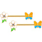 14 Gauge Gold Tone Spring Butterfly Flower Barbell Nipple Ring Set