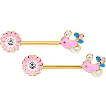 14 Gauge 9/16 Gold Tone Pink Bird Flower Barbell Nipple Ring Set