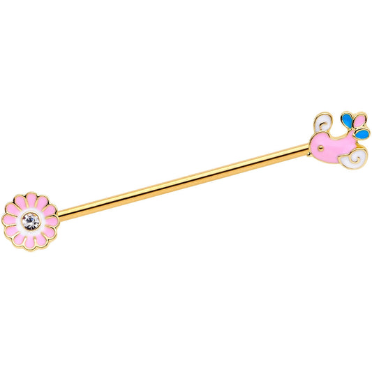 14 Gauge Clear Gem Gold Tone Pink Bird Flower Industrial Barbell 38mm