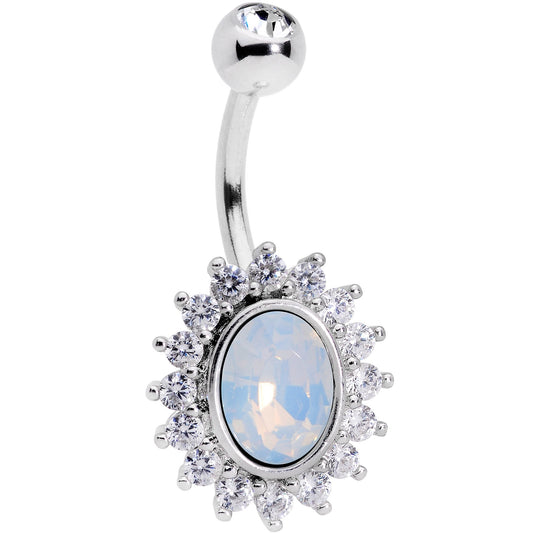 Clear CZ Gem White Faux Opal Framed Belly Ring