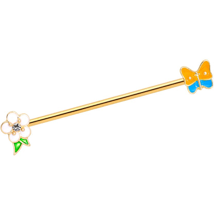 14 Gauge Multicolor Gold Tone Butterfly Flower Industrial Barbell 38mm