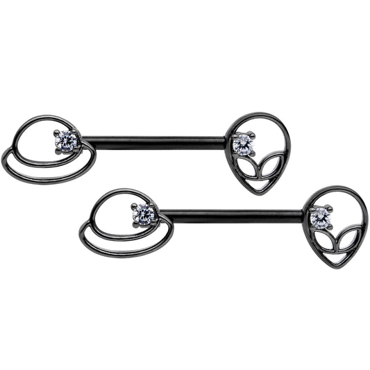 14 Gauge 9/16 Clear CZ Gem Black Saturn Alien Barbell Nipple Ring Set