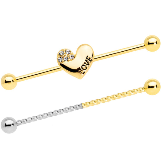 14 Gauge Clear Gem Gold Tone Love Heart Industrial Barbell 38mm