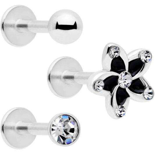 16 Gauge 5/16 Clear Gem Black Flower Labret Set of 3