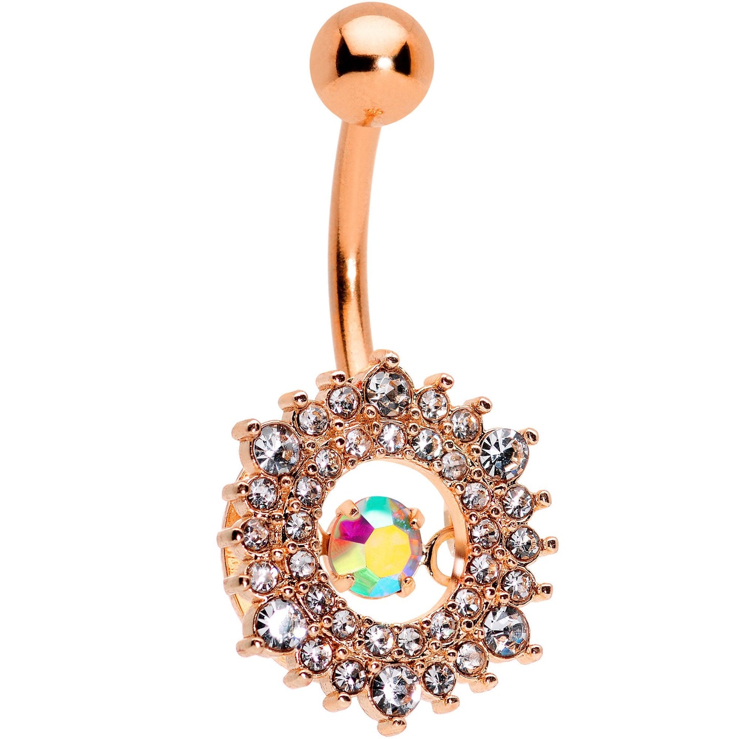 Clear Aurora Dangle Gem Rose Gold Tone Sunburst Belly Ring