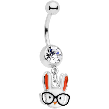 Clear Gem White Nerdy Easter Bunny Dangle Belly Ring