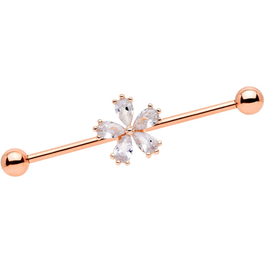 14 Gauge Clear CZ Gem Rose Gold Tone Petal Industrial Barbell 38mm