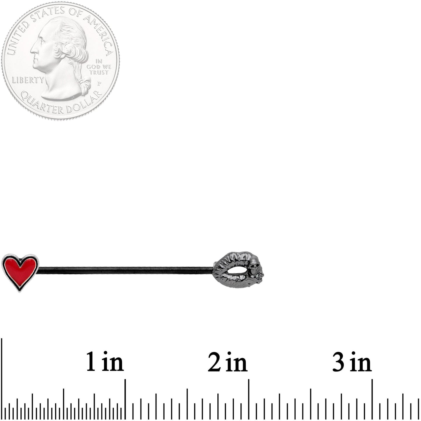 14 Gauge Red Heart Black Kiss of Death Industrial Barbell 38mm