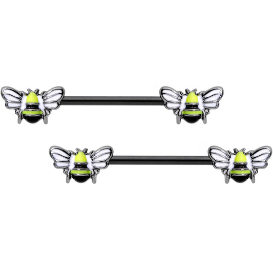 14 Gauge 9/16 Black Blissful Bumblebee Barbell Nipple Ring Set