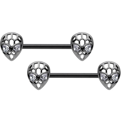 14 Gauge 9/16 Clear CZ Black Openwork Alien Barbell Nipple Ring Set