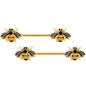 14 Gauge 9/16 Black Gem Gold Tone Bumblebees Barbell Nipple Ring Set