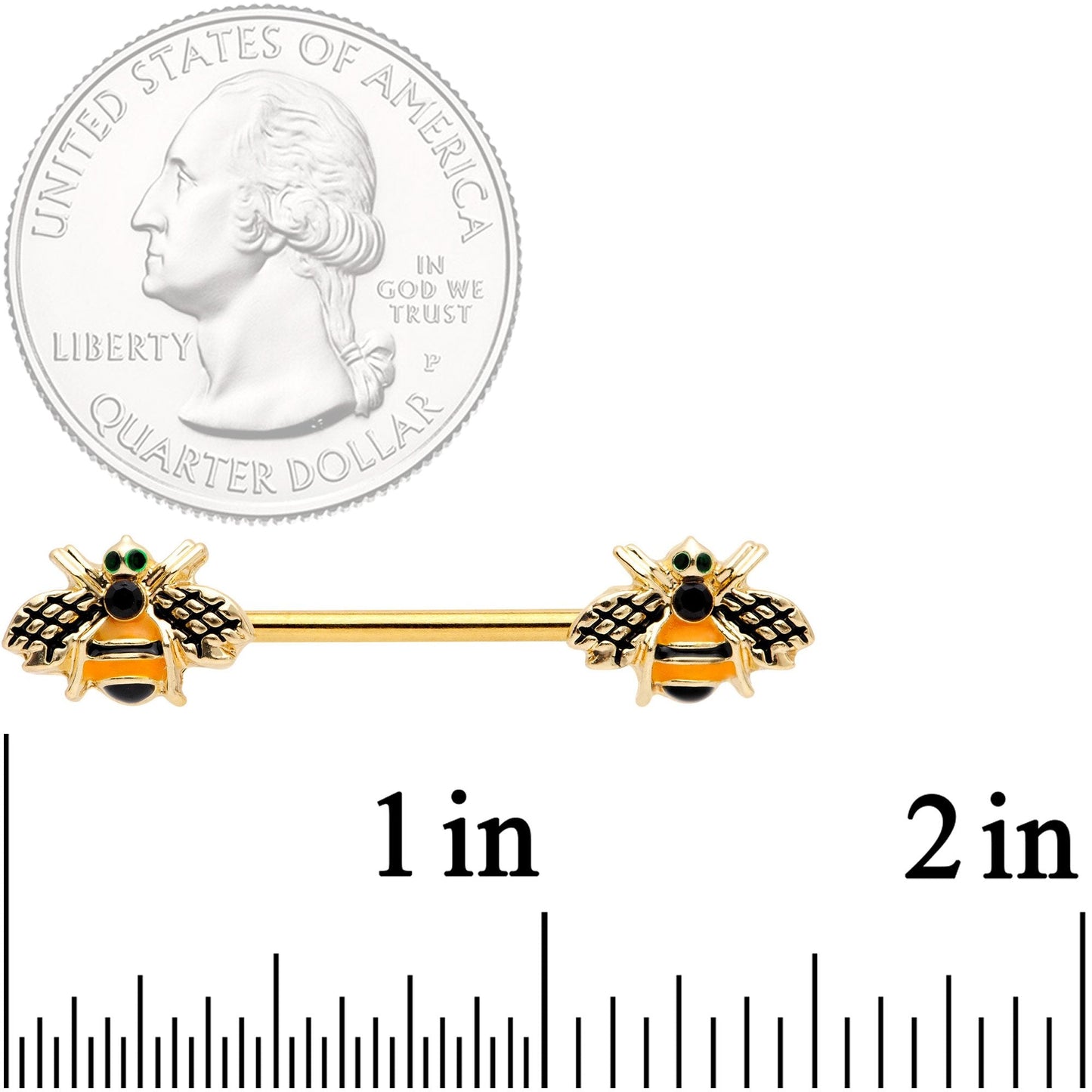 14 Gauge 9/16 Black Gem Gold Tone Bumblebees Barbell Nipple Ring Set