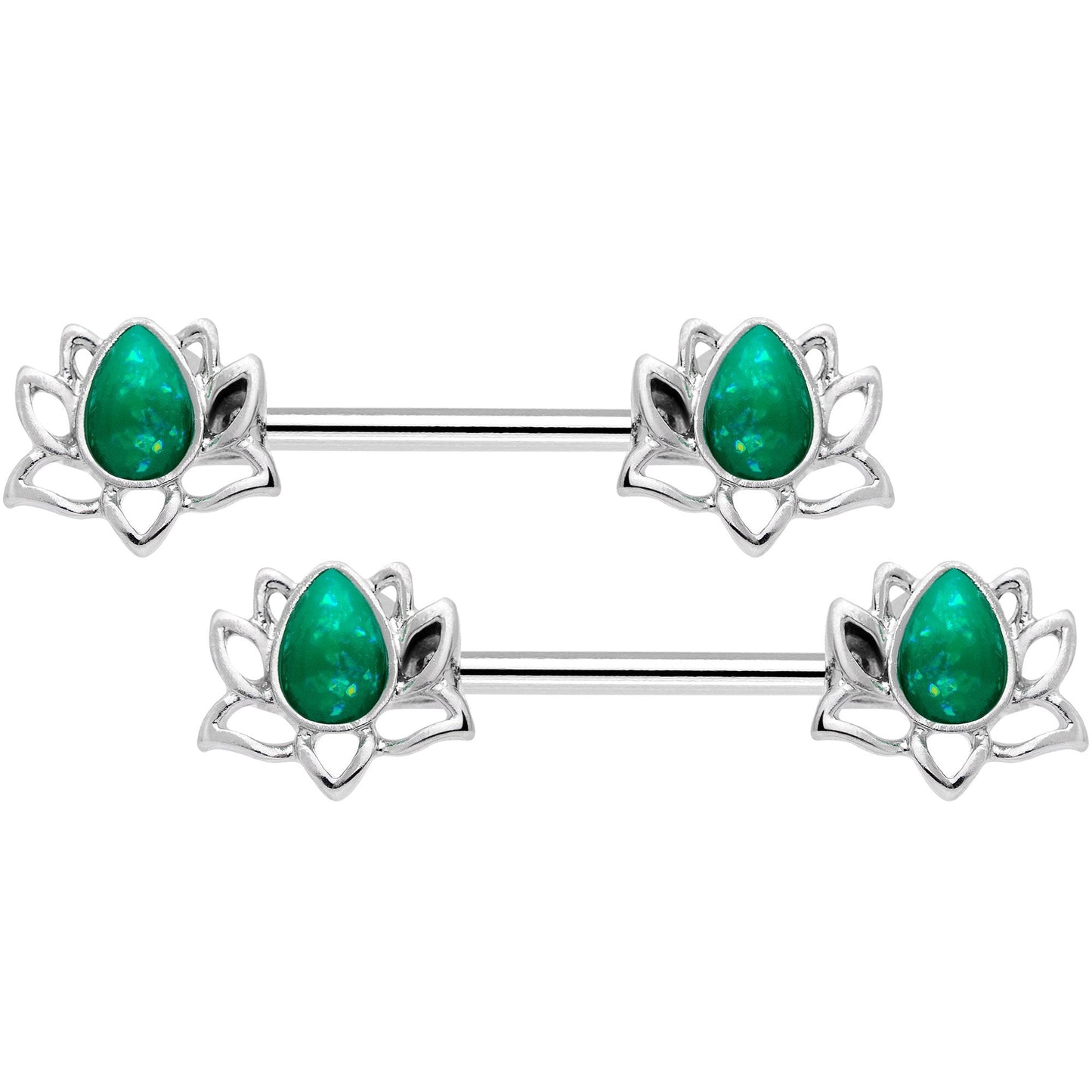 14 Gauge 9/16 Green Faux Opal Lotus Flower Barbell Nipple Ring Set