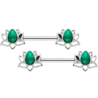 14 Gauge 9/16 Green Faux Opal Lotus Flower Barbell Nipple Ring Set