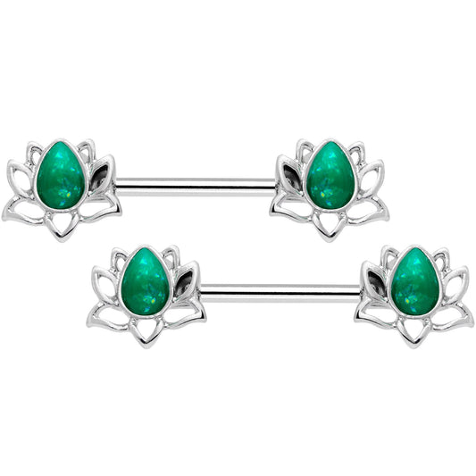 14 Gauge 9/16 Green Faux Opal Lotus Flower Barbell Nipple Ring Set