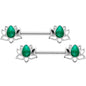 14 Gauge 9/16 Green Faux Opal Lotus Flower Barbell Nipple Ring Set