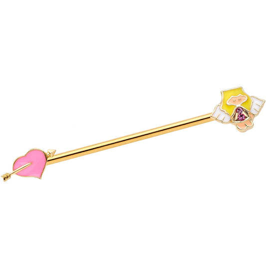 14 Gauge Pink Gem Gold Tone Cupid Industrial Barbell 38mm