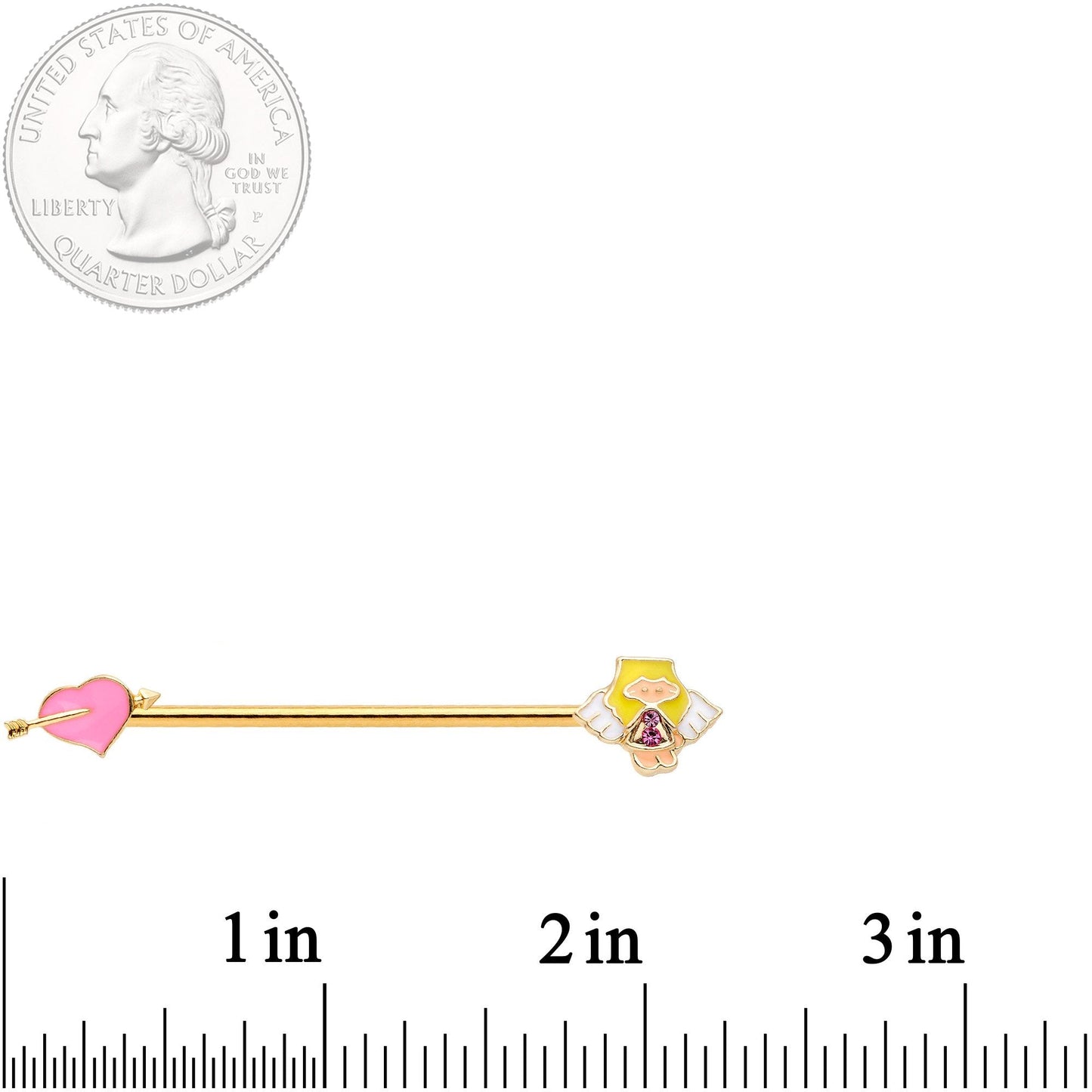 14 Gauge Pink Gem Gold Tone Cupid Industrial Barbell 38mm