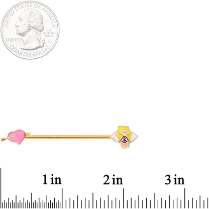 14 Gauge Pink Gem Gold Tone Cupid Industrial Barbell 38mm