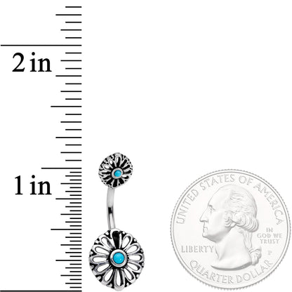 Faux Turquoise Openwork Flower Double Mount Belly Ring