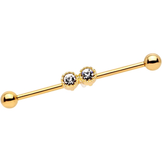 14 Gauge Clear Gem Gold Tone Double Drama Industrial Barbell 38mm