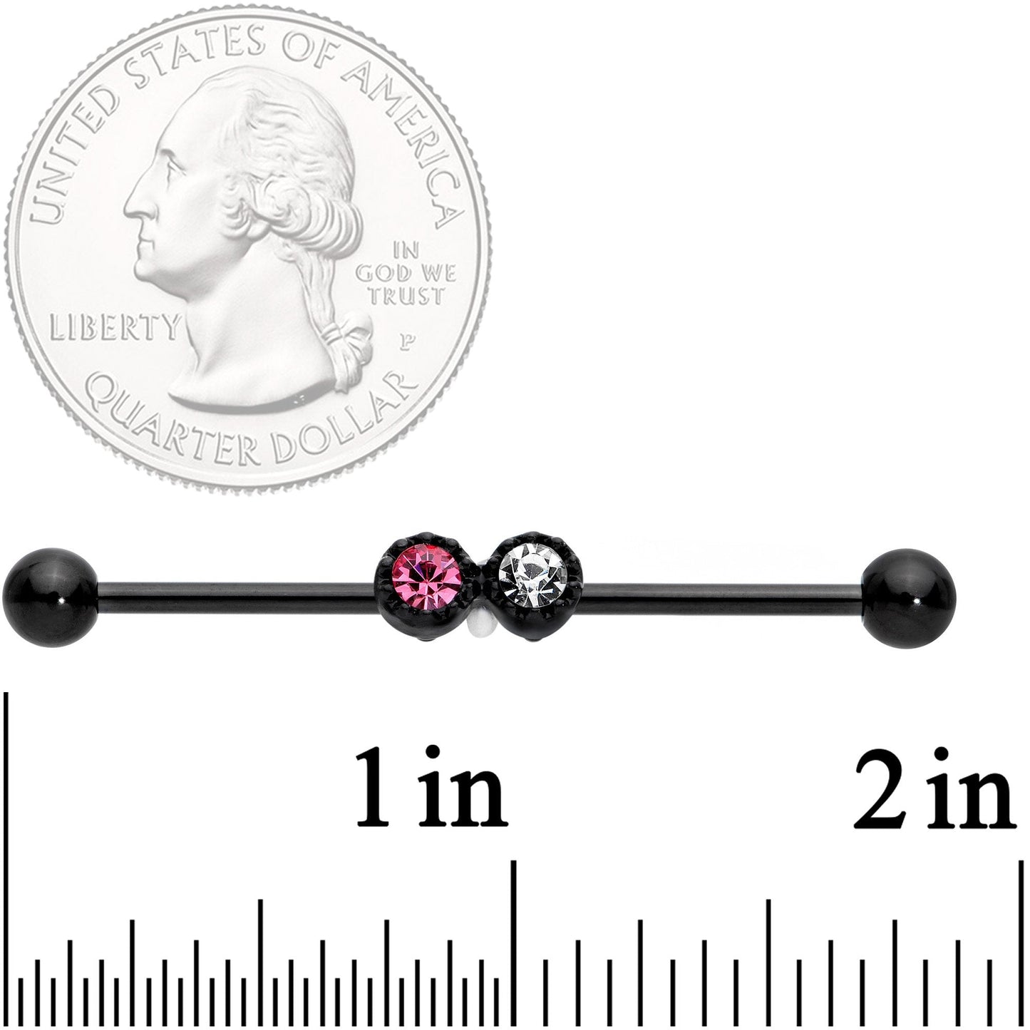 14 Gauge Clear Pink Gem Black Double Drama Industrial Barbell 38mm