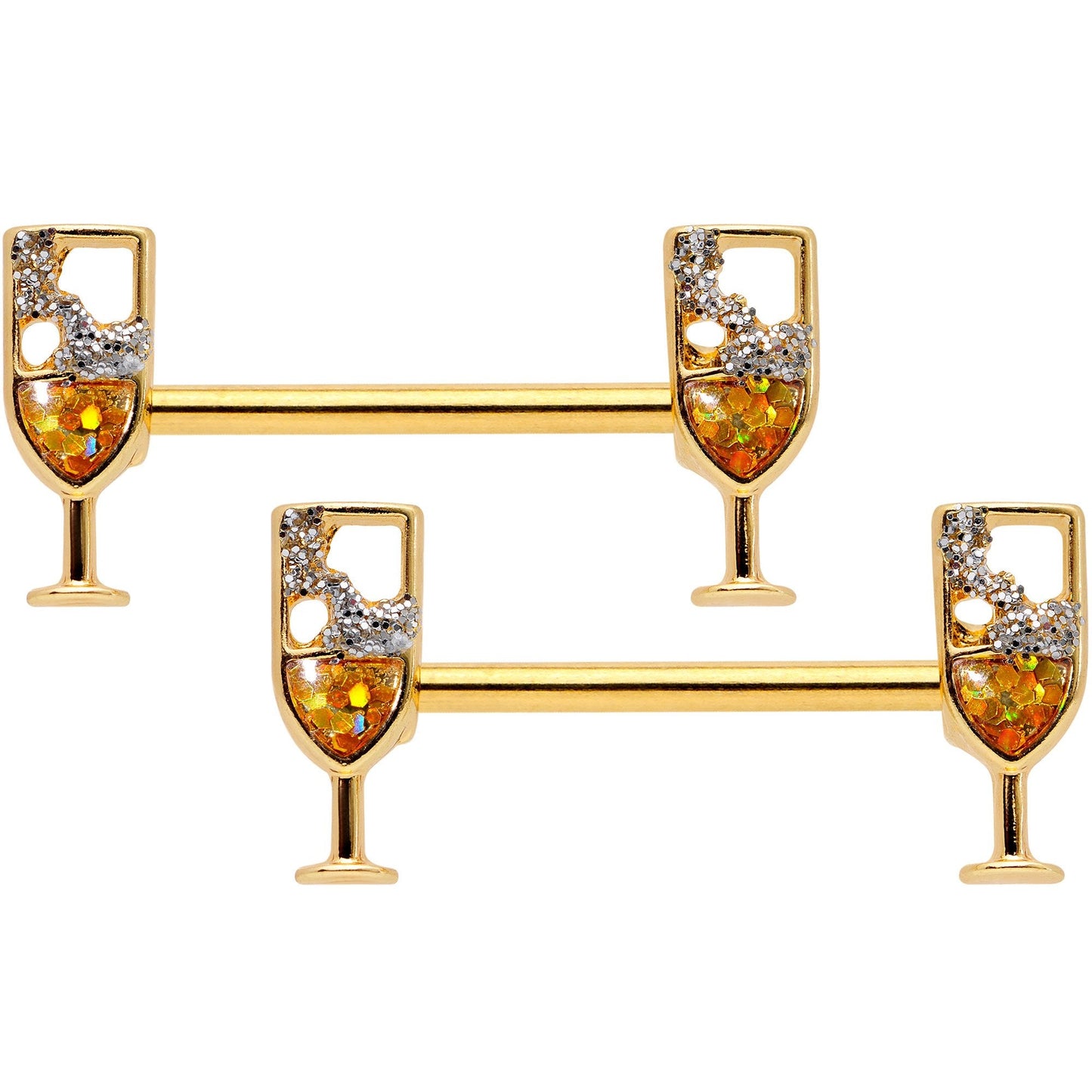 14 Gauge 9/16 Clear Gem Gold Tone Champagne Barbell Nipple Ring Set