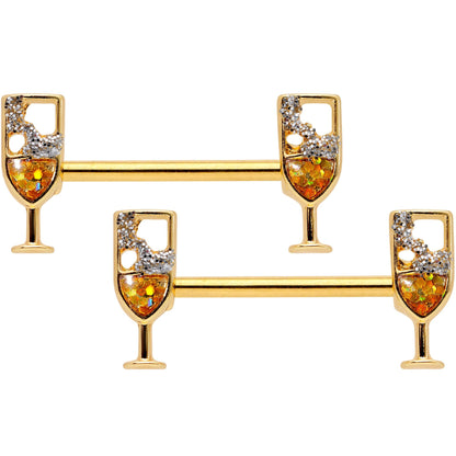 14 Gauge 9/16 Clear Gem Gold Tone Champagne Barbell Nipple Ring Set