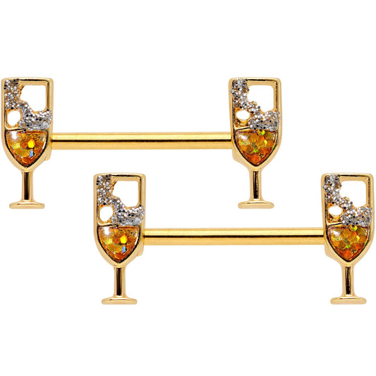 14 Gauge 9/16 Clear Gem Gold Tone Champagne Barbell Nipple Ring Set