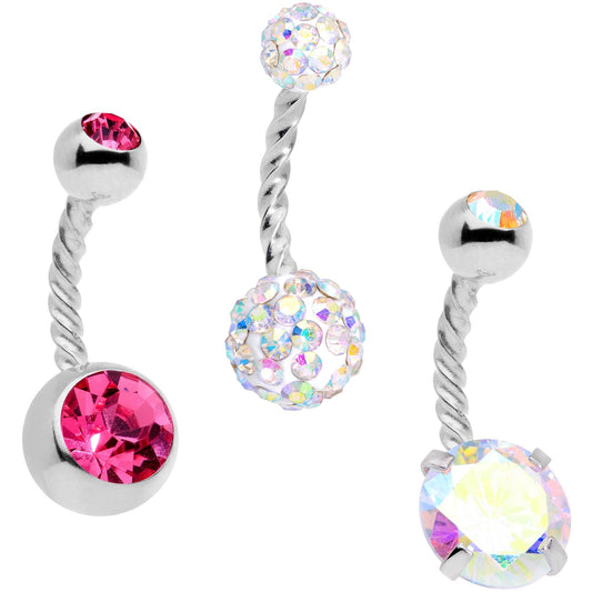 Pink Aurora Gem Twisted Disco Ball Belly Ring Set of 3