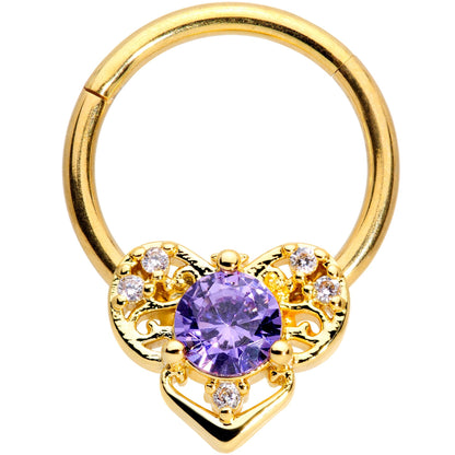 16 Gauge 3/8 Purple CZ Gold Tone Abstract Heart Hinged Segment Ring