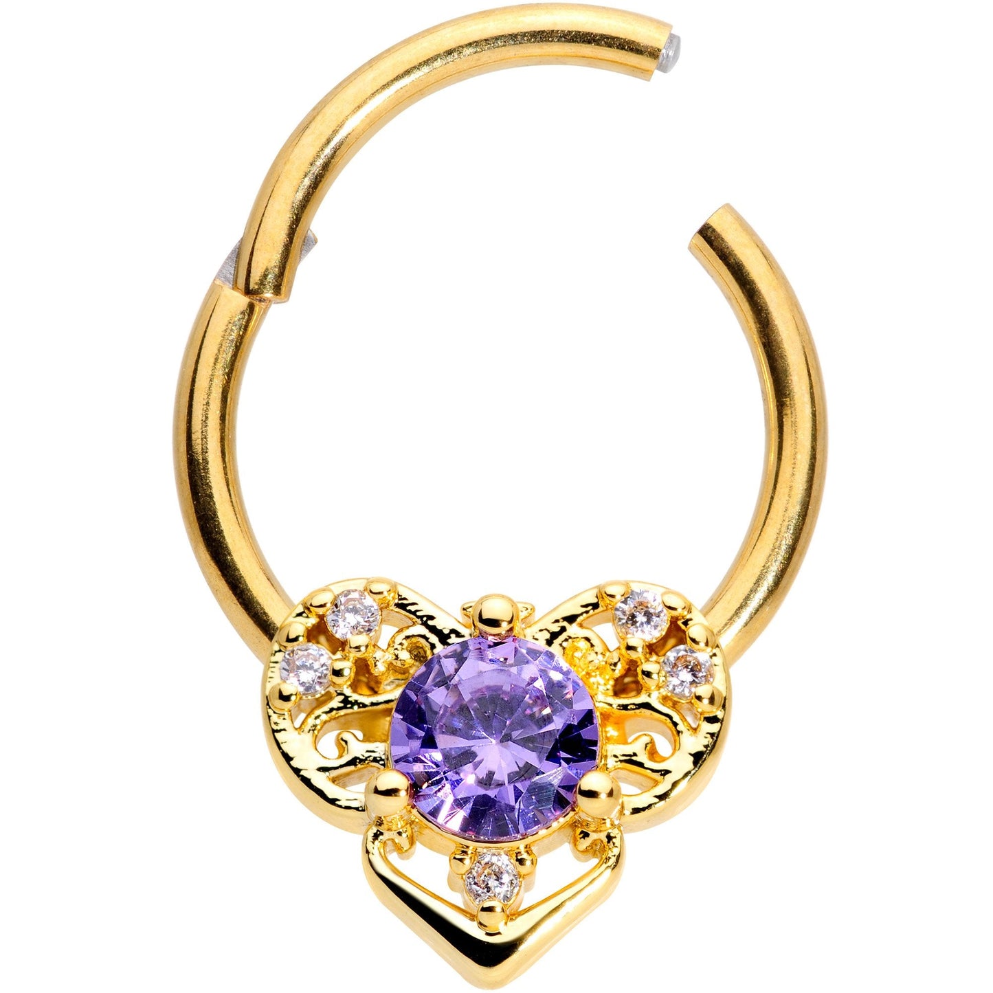 16 Gauge 3/8 Purple CZ Gold Tone Abstract Heart Hinged Segment Ring