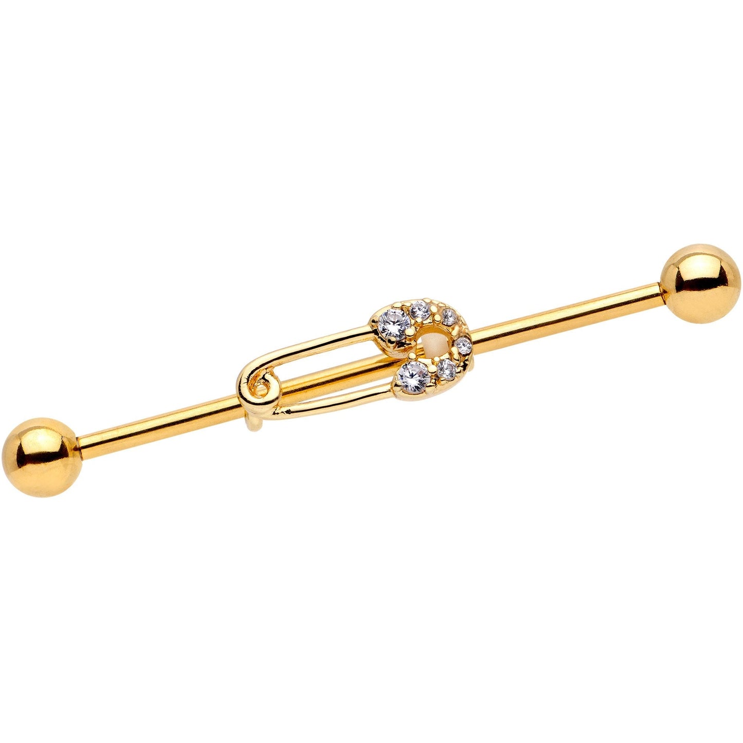 14 Gauge Clear CZ Gem Gold Tone Safety Pin Industrial Barbell 38mm