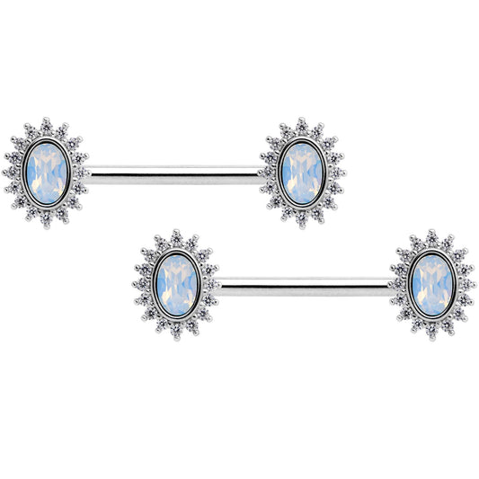 14 Gauge 9/16 Clear CZ Gem White Faux Opal Burst Nipple Ring Set