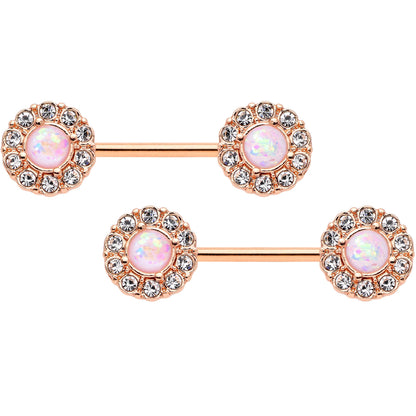 14 Gauge 9/16 White Faux Opal Rose Gold Tone Wreath Nipple Ring Set