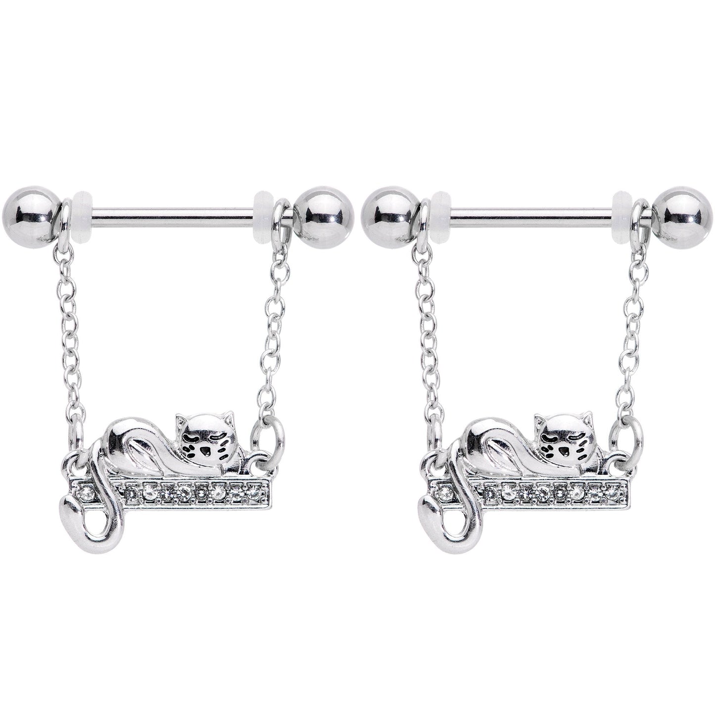 14 Gauge 5/8 Clear Gem Nap Cat Dangle Nipple Ring Set