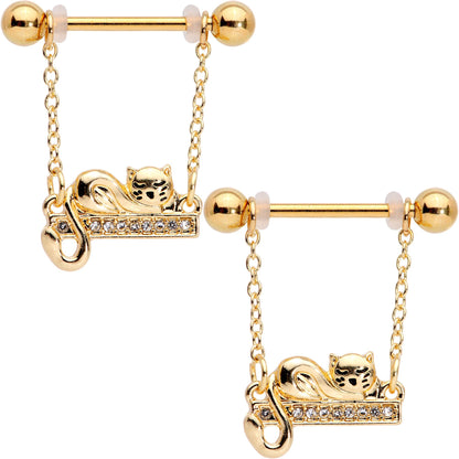 14 Gauge 5/8 Clear Gem Gold Tone Nap Cat Dangle Nipple Ring Set