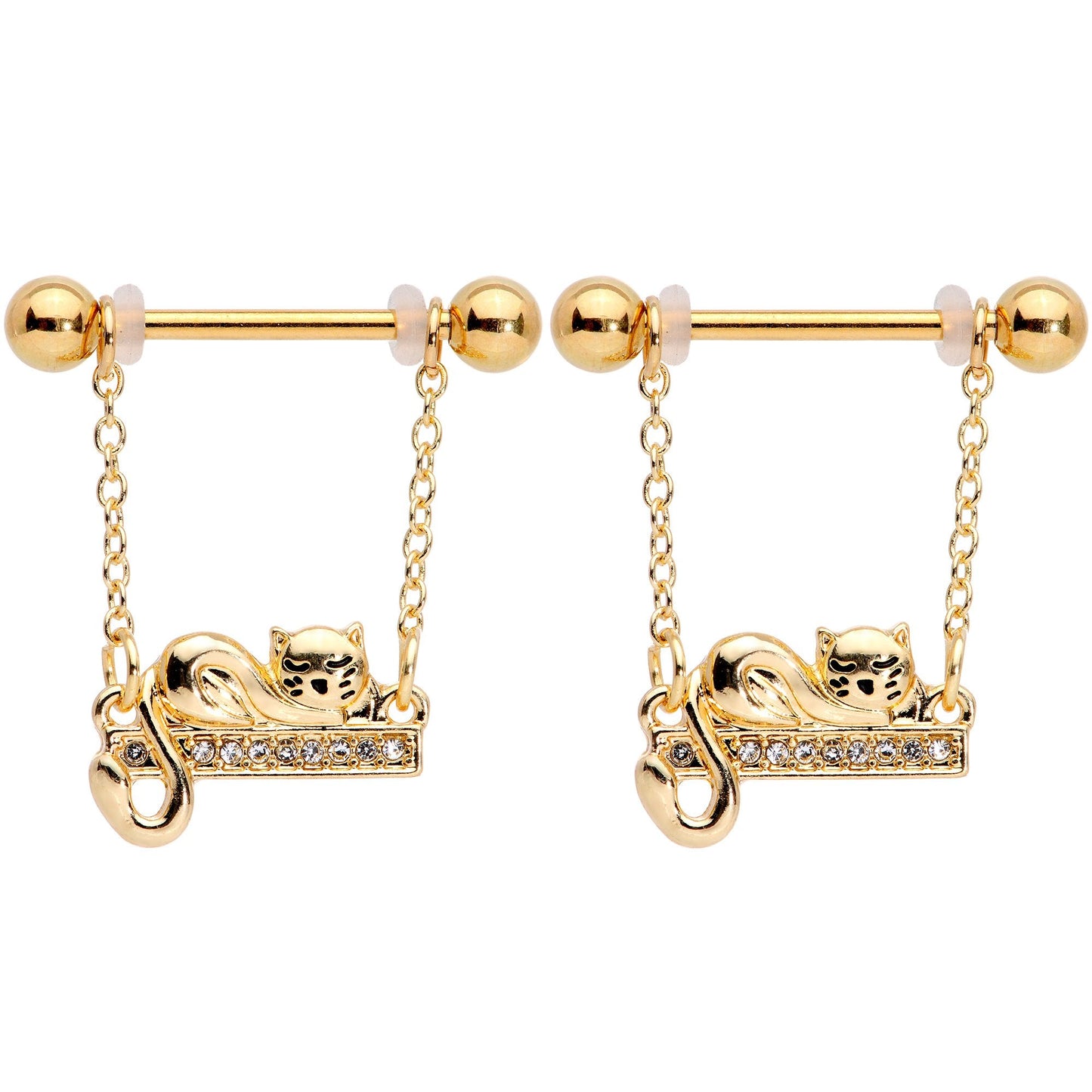 14 Gauge 5/8 Clear Gem Gold Tone Nap Cat Dangle Nipple Ring Set