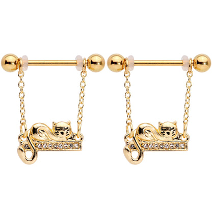 14 Gauge 5/8 Clear Gem Gold Tone Nap Cat Dangle Nipple Ring Set