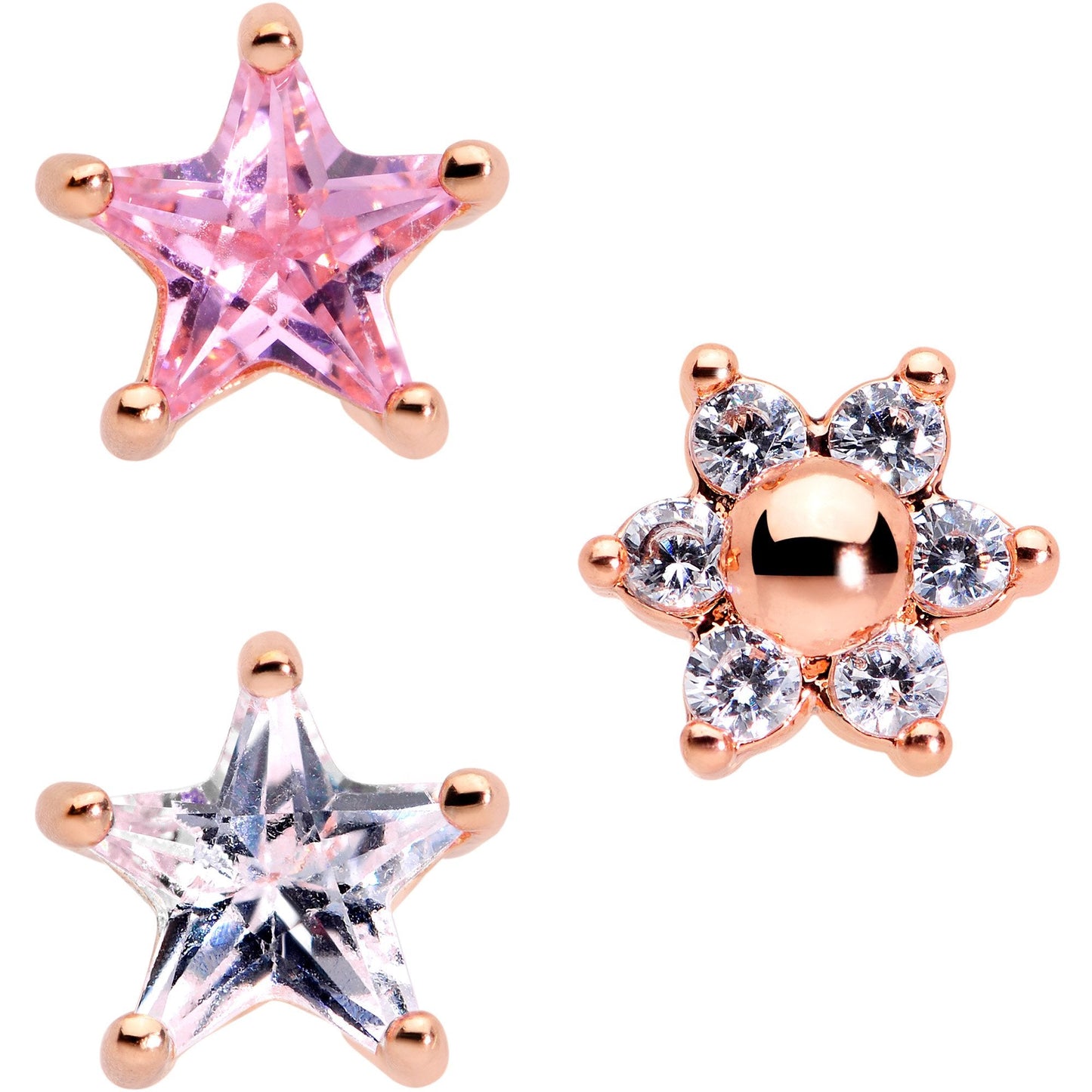 16 Gauge 1/4 Pink Clear CZ Gem Rose Gold Tone Star Tragus Set of 3