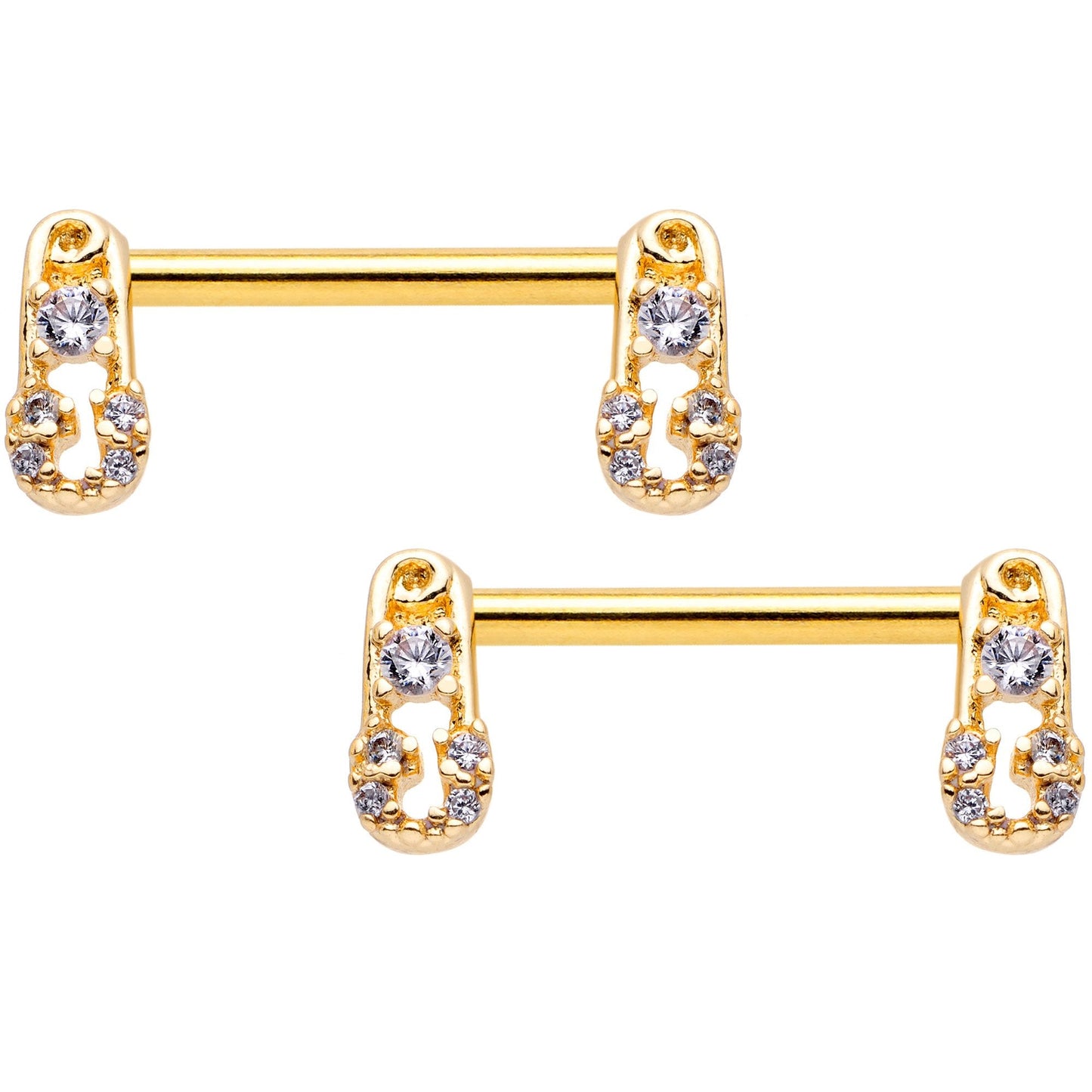 14 Gauge 9/16 Clear CZ Gem Gold Tone Safety Pin Nipple Ring Set